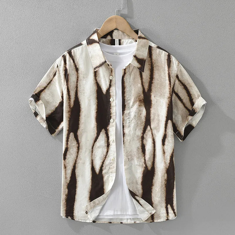 Retro striped short sleeve cardigan shirt in pure cotton fabric shown in black and brown colour options