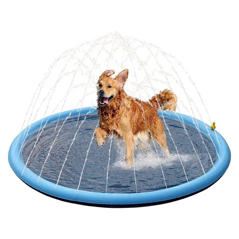 Large 150cm diameter blue dog splash pad with anti-slip texture, filled with water on grass.