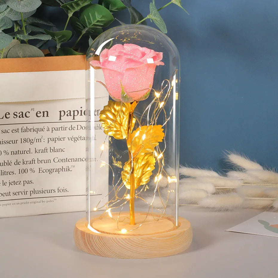 Eternal rose in glass cover with LED light on, seven colour options, handmade copper wire stem