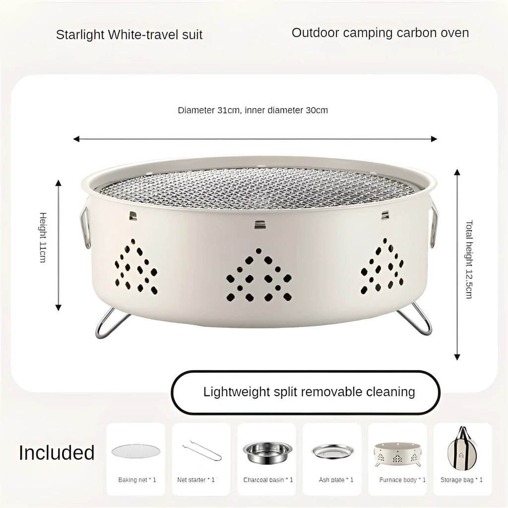 Portable stainless steel BBQ grill with detachable parts and storage bag, shown in grey colour.