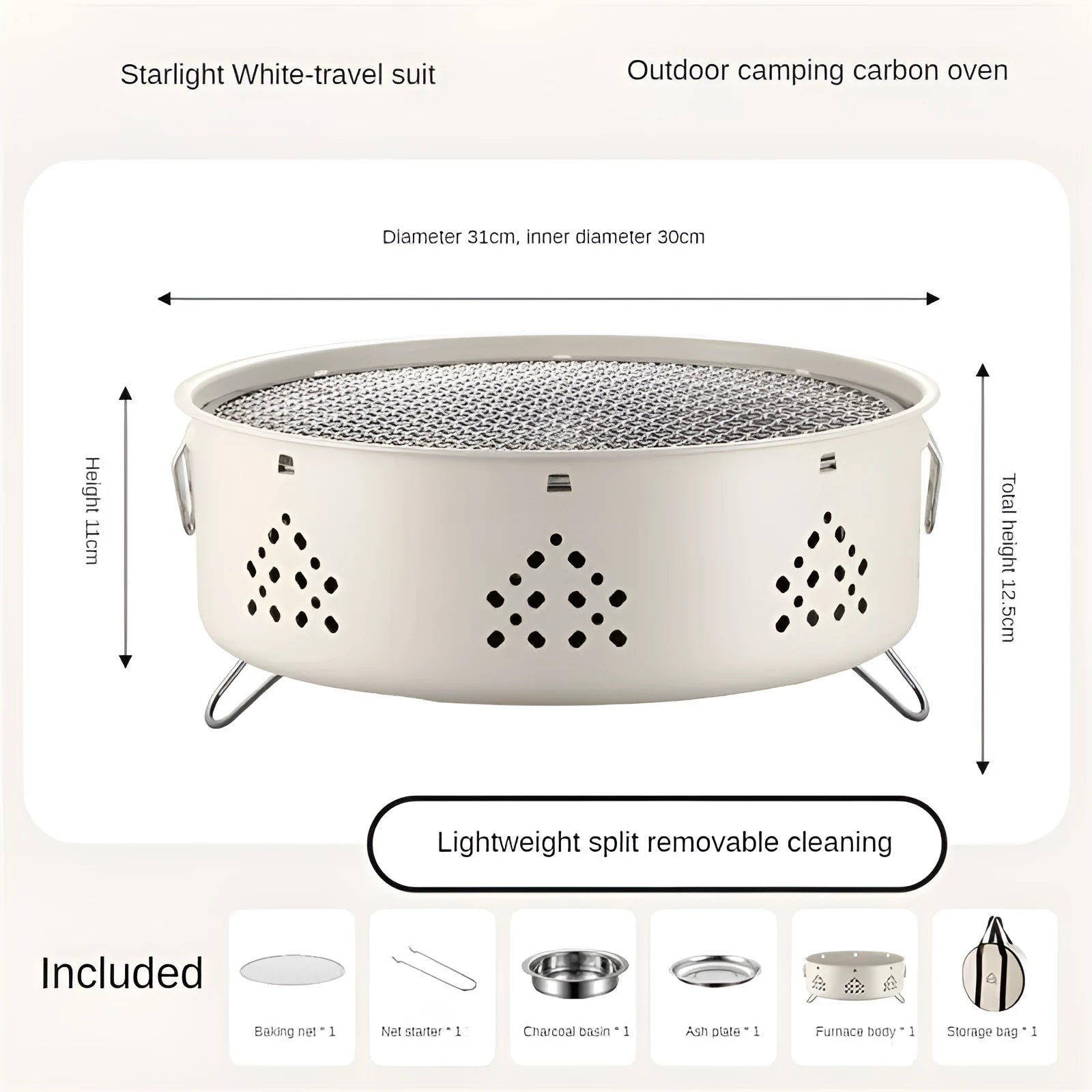Portable stainless steel BBQ grill with detachable parts and storage bag, shown in grey colour.