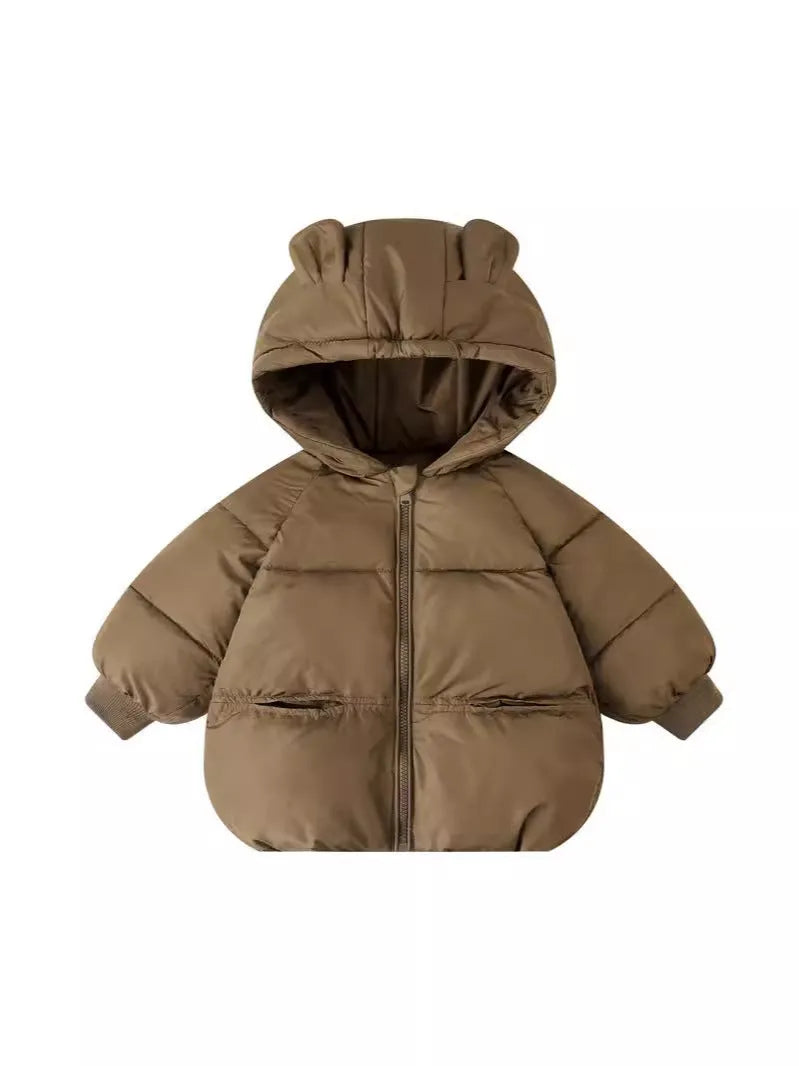 Cartoon children's down and wadded jacket in solid colour, polyester filling, Korean style, available in brown black pink Milky White for 90-130cm height.