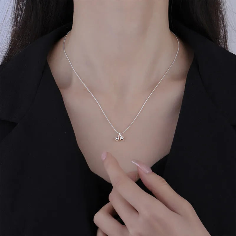 Silver cherry necklace for women with adjustable snake bone chain and fruit-shaped pendant