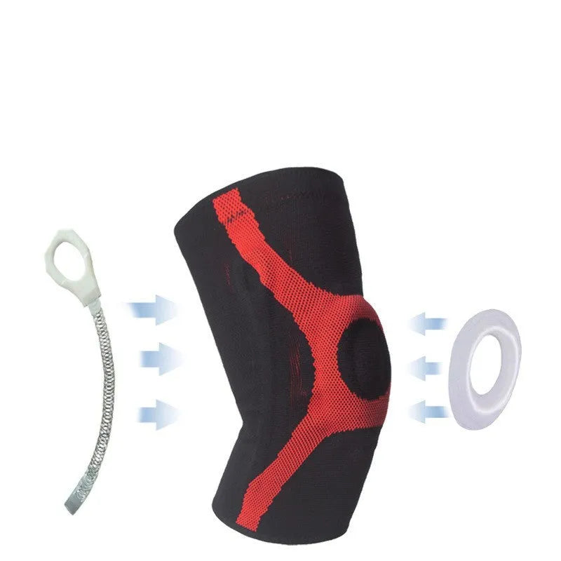 Silicone sports kneecap in red, showing knitted non-slip design for knee protection.