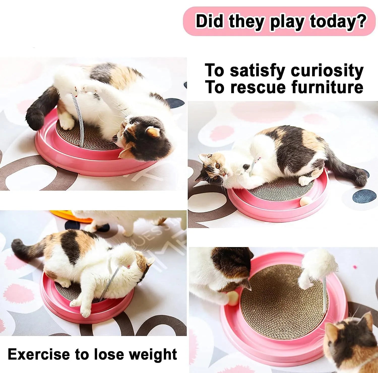 Circular blue cat scratcher with ball track and replaceable centre pad for furniture protection