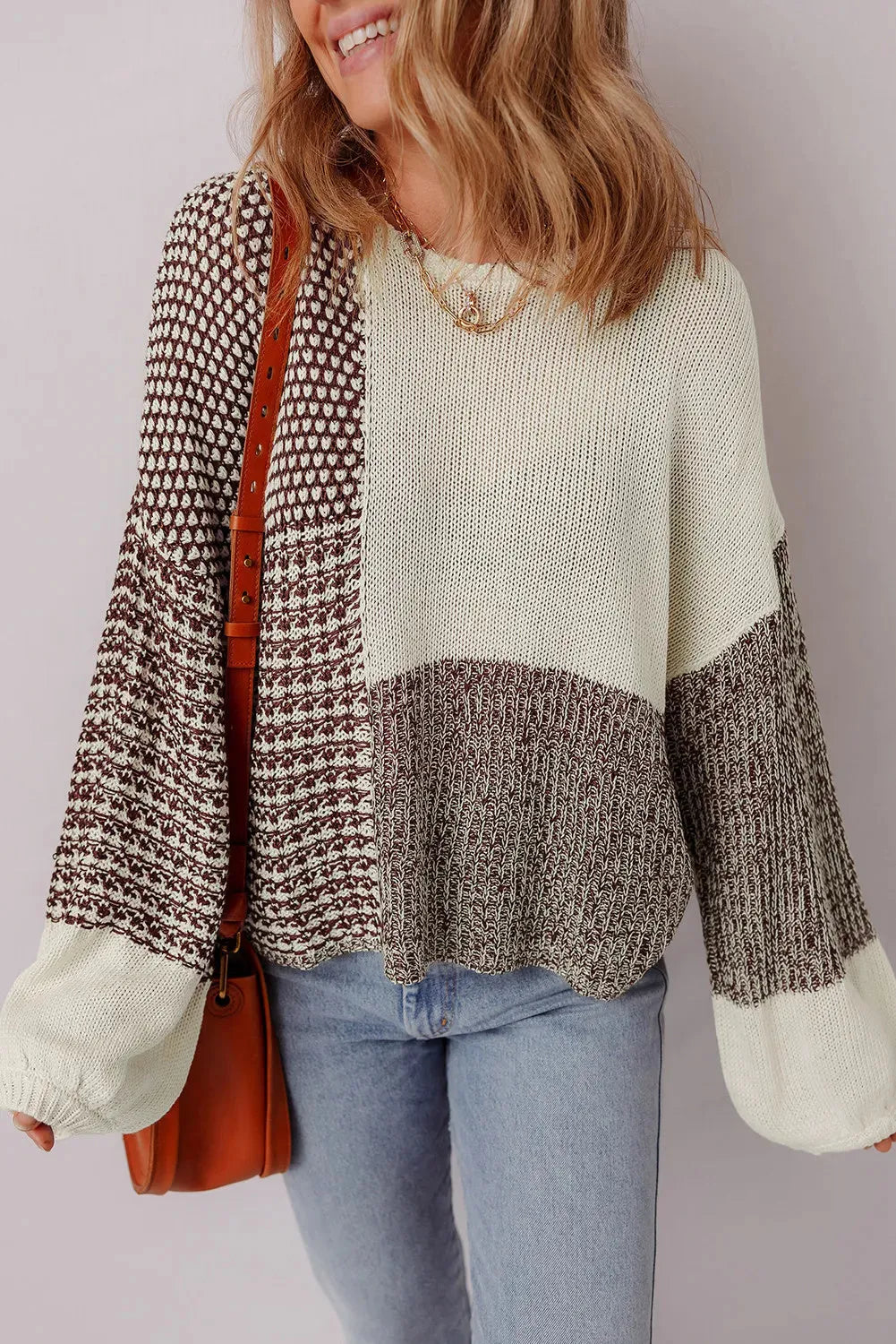 Dark khaki colour block women's loose sweater with drop shoulders and a back tie detail.