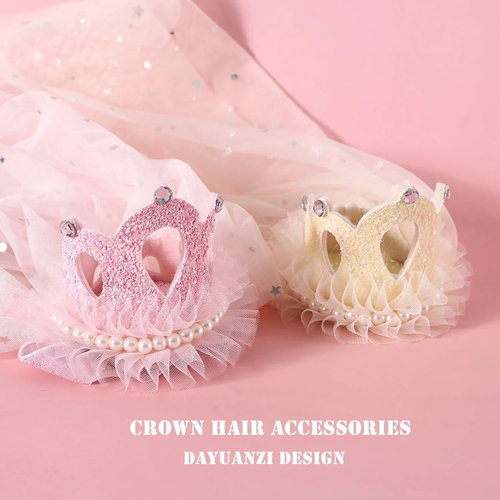 Cat wearing a princess crown headdress with a beige veil, pet wedding accessory
