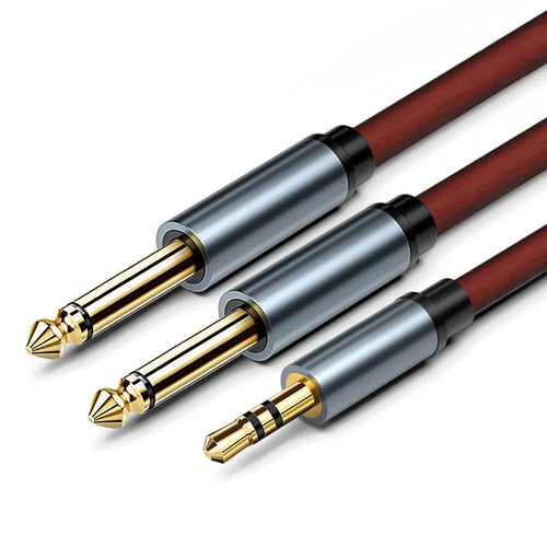 3.5mm to 6.35mm male-to-male stereo audio cable with gold-plated connectors on a black background.