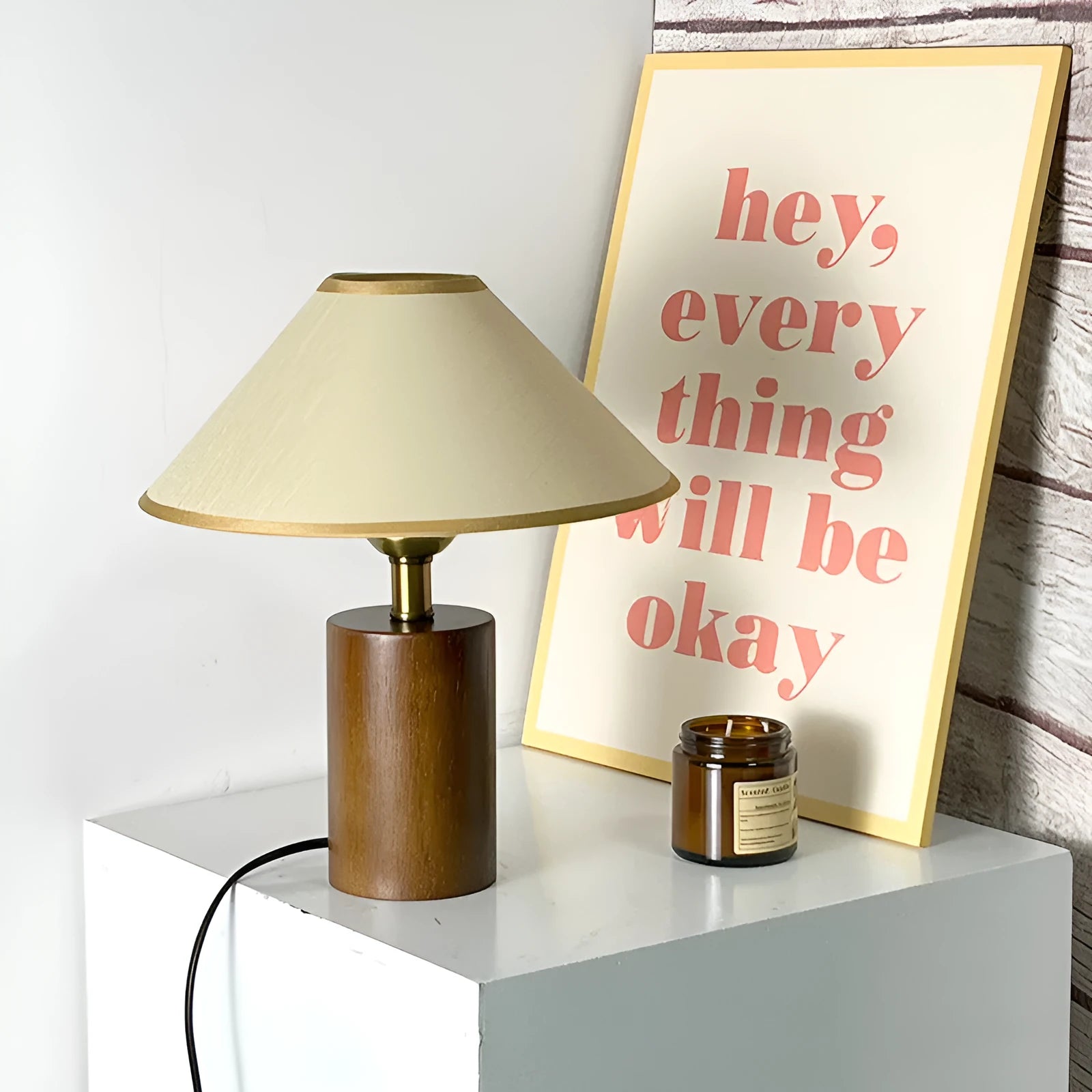 Brown cylindrical wooden bedside lamp with beige cover and E14 bulb base
