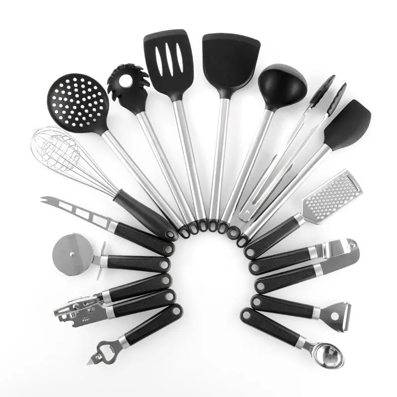 Black silicone kitchen spatula spoon set with stainless steel handles, 16 pieces