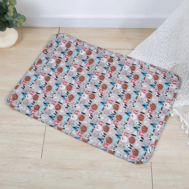 Washable waterproof pet urine pad showing animal pattern design and size options