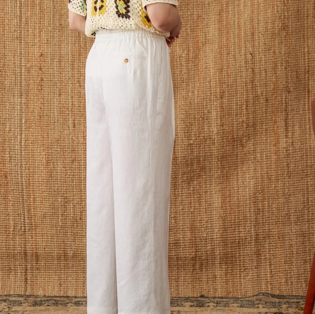 Linen straight-leg trousers with elasticated high waist in navy blue, white or greige colours