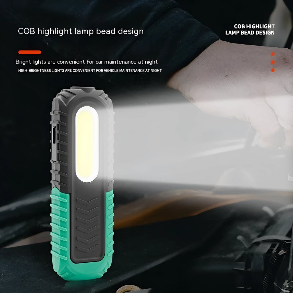 Black and green USB rechargeable auto repair work light with PET coating for drop resistance
