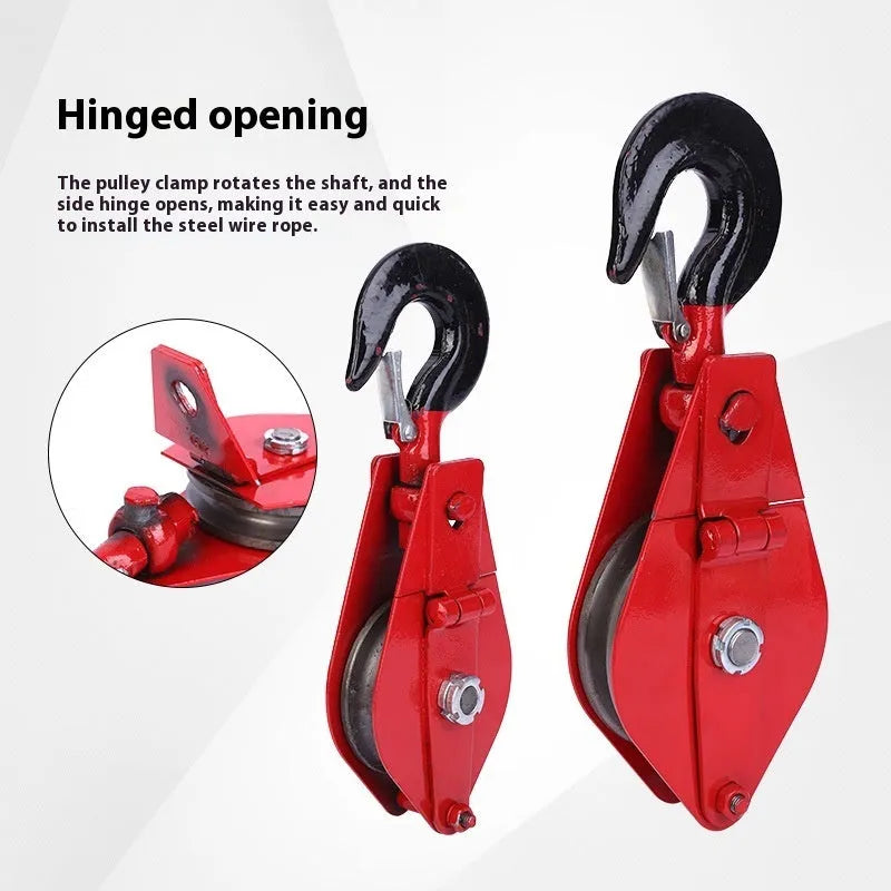 Red forged steel industrial lifting pulley with a safety latch on the hook