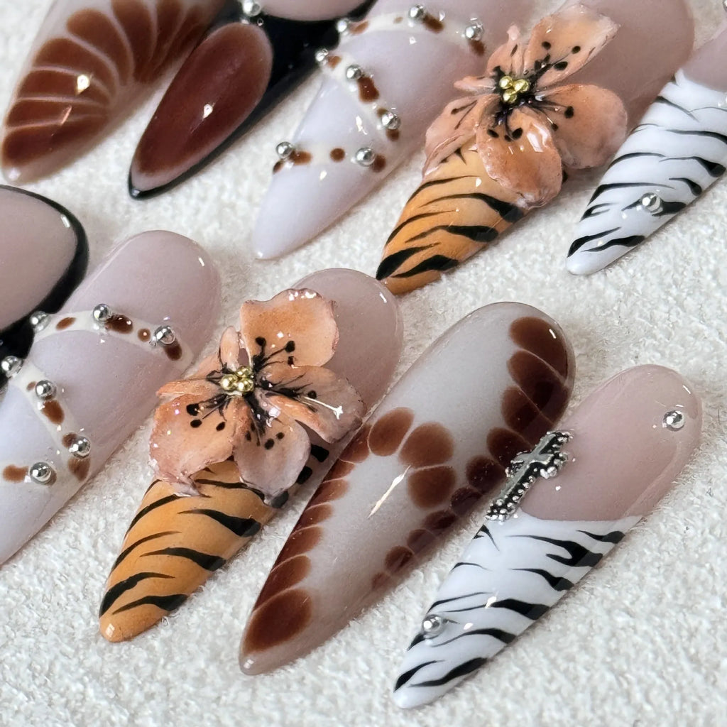 French-style leopard print nail stickers with cross and flower designs in 10-piece pack