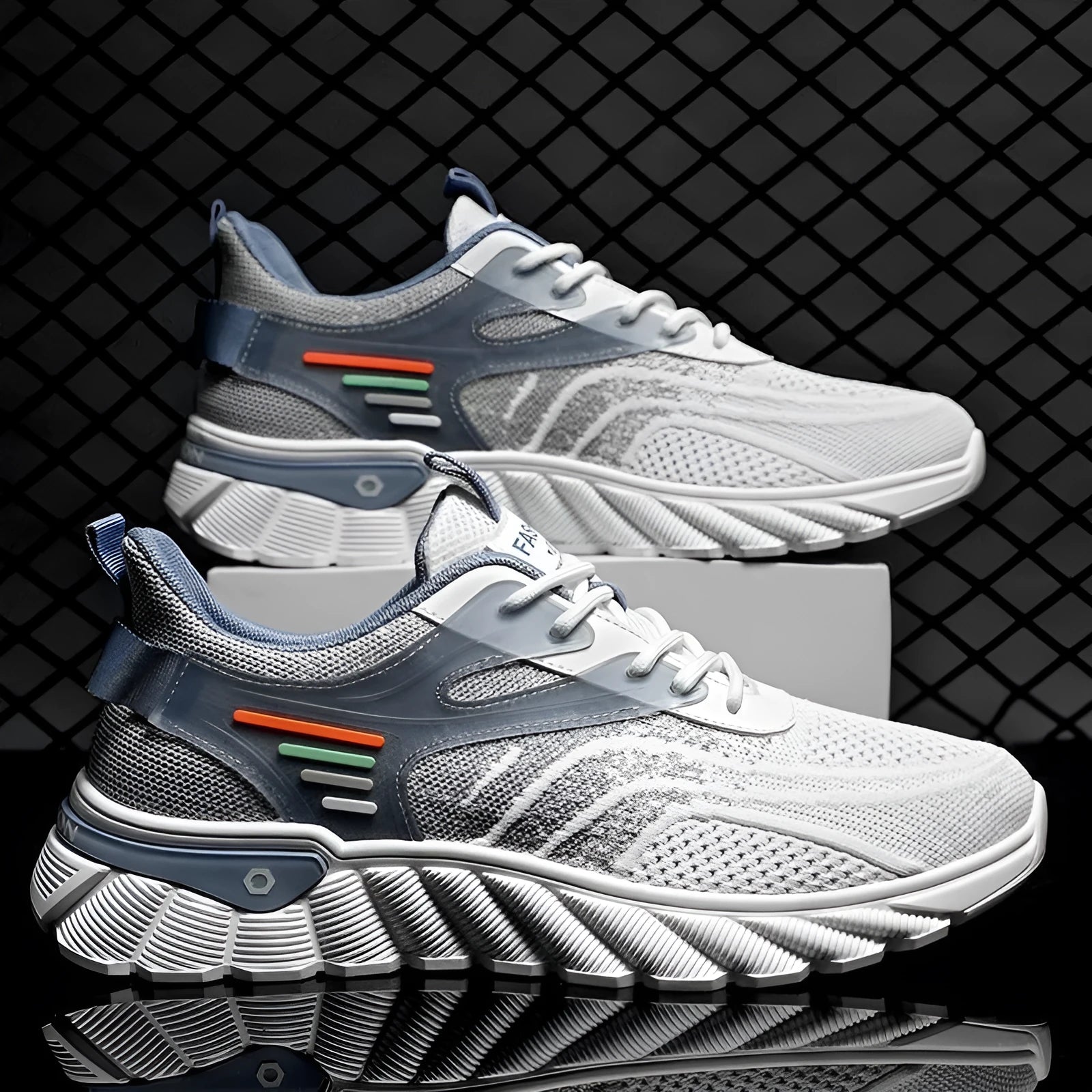 Men's white blue platform casual running shoes with mesh upper and rubber sole
