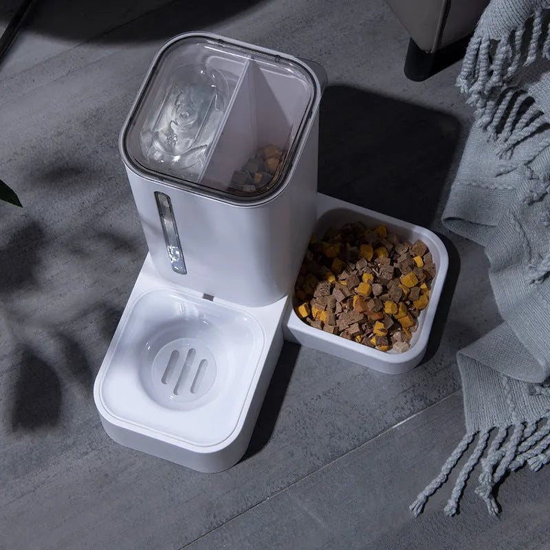Pet automatic water storage double plastic bowl in grey, side view, 32x31x32cm