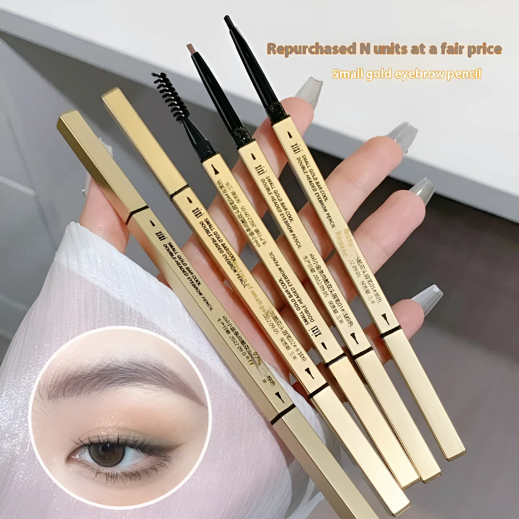 Small Gold ultra-fine tip eyebrow pencil in five colour shades: light brown, kaki brown, dark brown, grey black, and black.