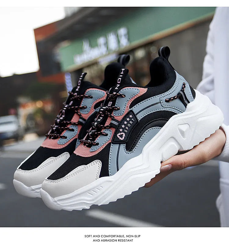 White women's casual mesh sports shoes with a buckle and round toe on a thick PU sole.