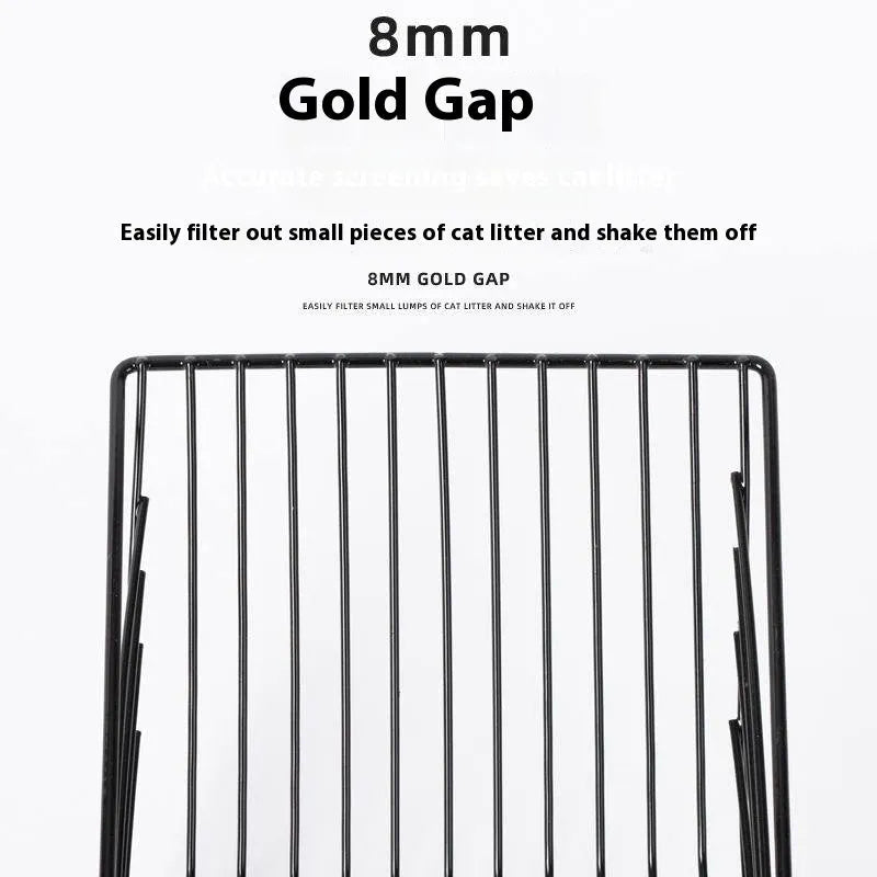 Black metal cat litter scoop with alloy construction and 0.8cm gap between tines