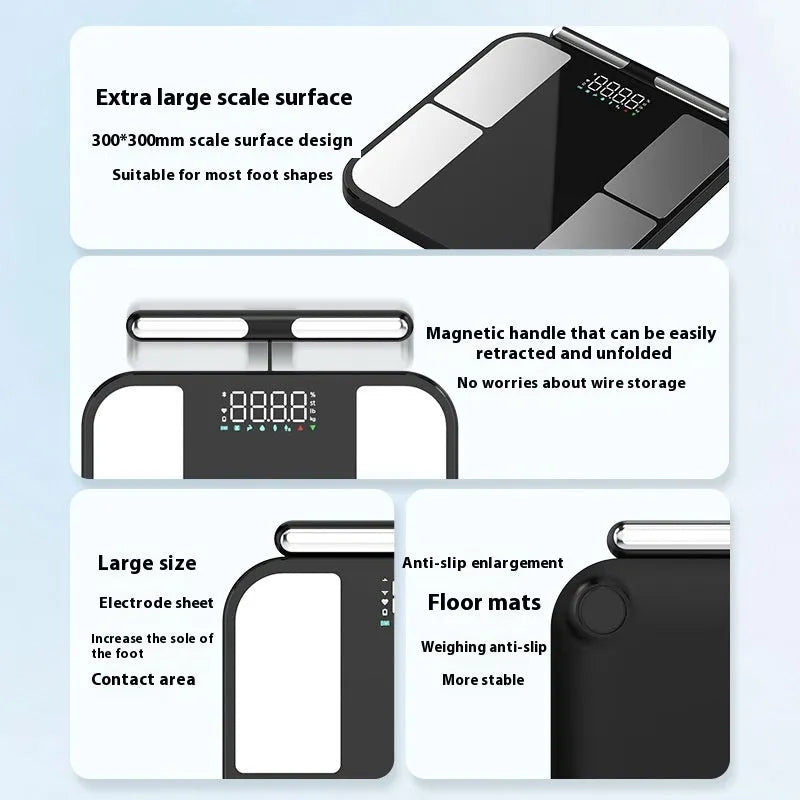 Black electronic weighing scale with tempered glass platform and colour screen display showing body composition metrics