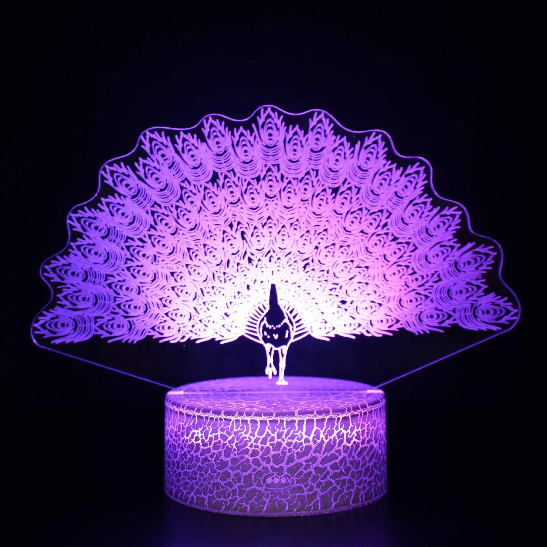 3D acrylic table lamp with colourful lighting on 9.5cm x 4cm base, showing touch controls and USB connection