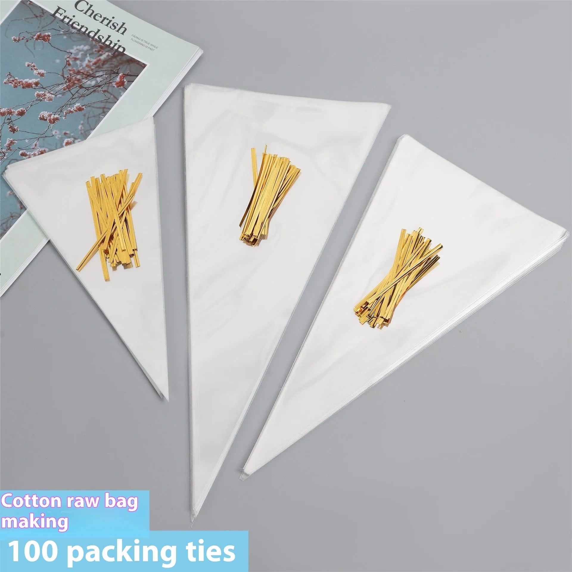 Clear triangle-shaped plastic bag with a twisted metal tie wire closing the top.