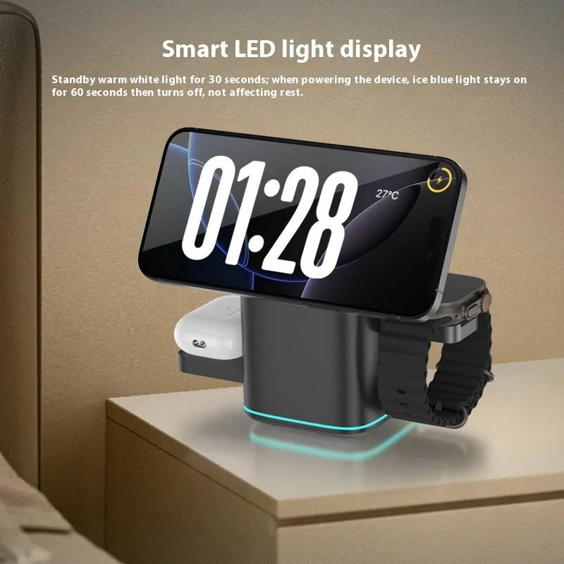 Black mobile phone magnetic wireless charging stand showing 180-degree rotation adjustment with Type-C cable