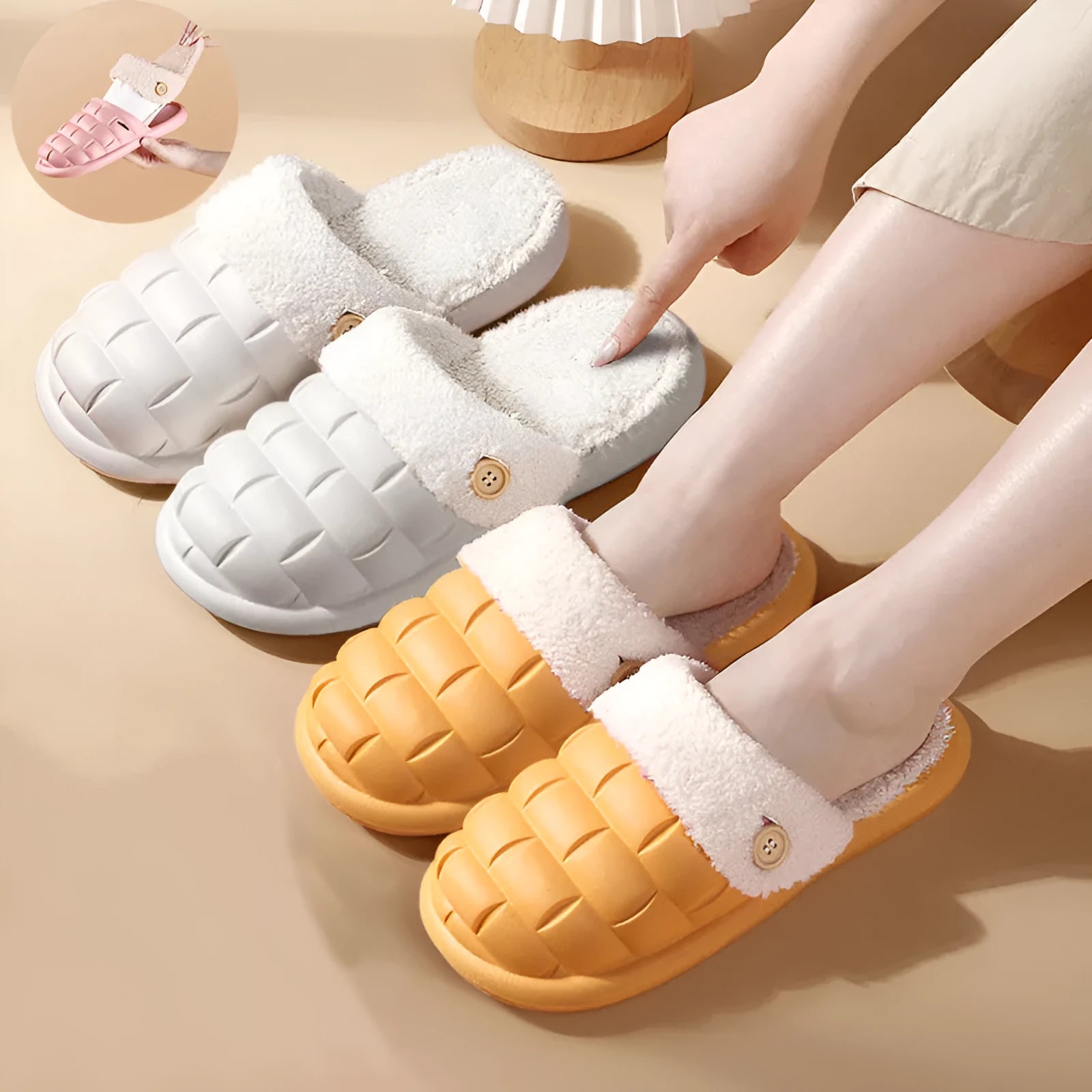 Women's pink detachable sole plush house slipper with round toe and flat heel