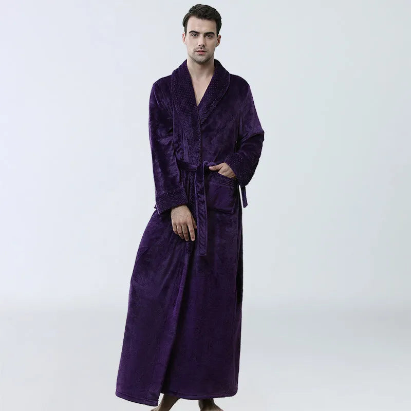 Men's winter coral fleece cardigan nightgown in gray, long sleeves, soft flannel knit for warm sleep