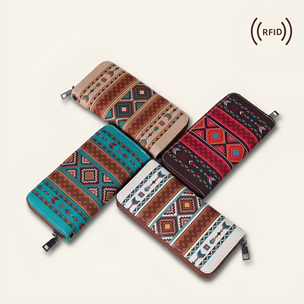 Bohemian striped canvas RFID wallet in beige colour showing card slots and wind belt design