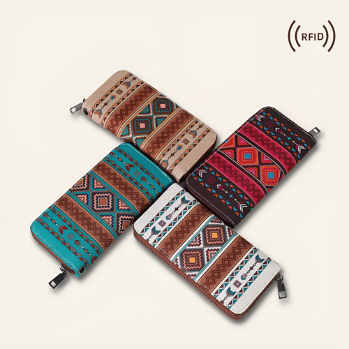 Bohemian striped canvas RFID wallet in beige colour showing card slots and wind belt design