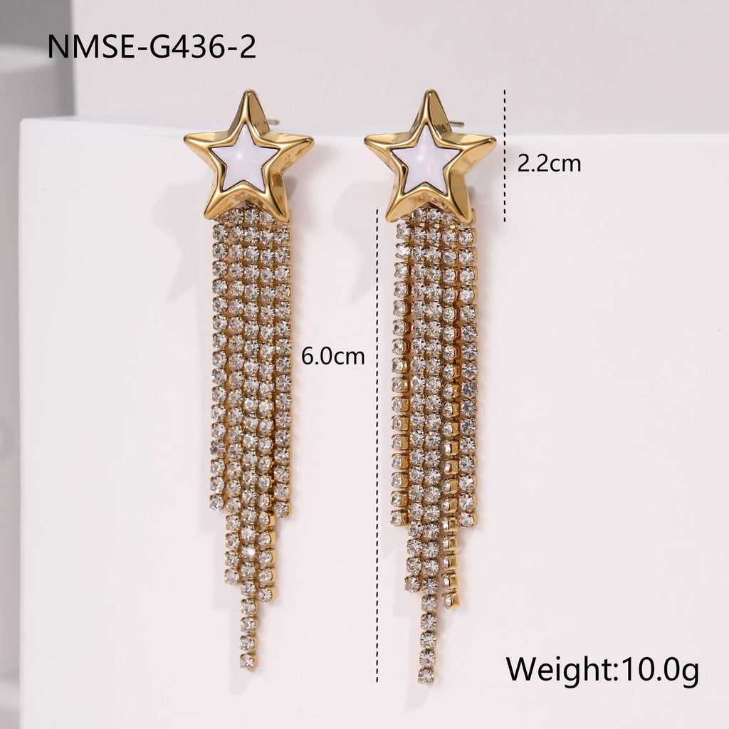Stainless steel earrings with diamond tassel, heart and star shapes, 18K electroplated finish