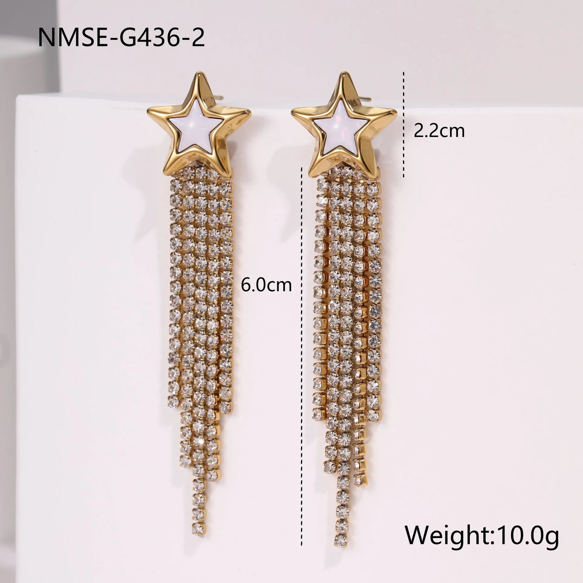 Stainless steel earrings with diamond tassel, heart and star shapes, 18K electroplated finish
