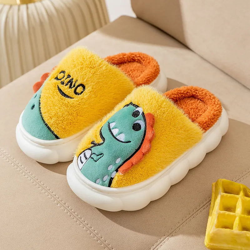 Plush cotton couple slippers with dinosaur print in grey, coffee, or orange colours.