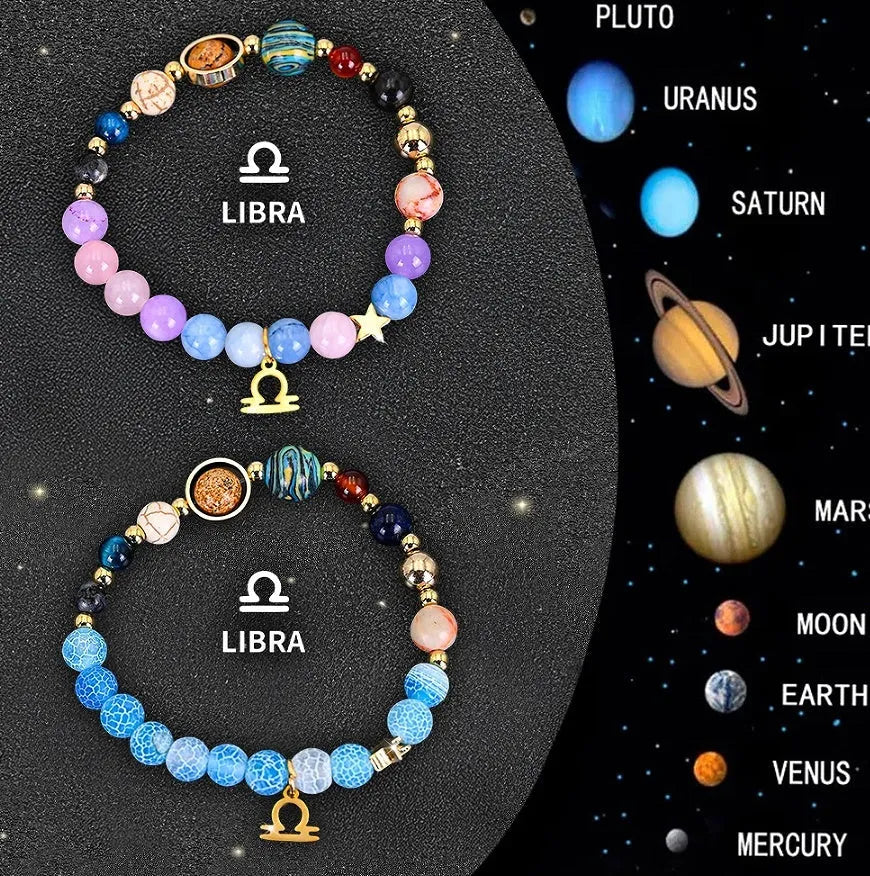 Set of two natural stone beaded bracelets with zodiac sign charms on an adjustable band