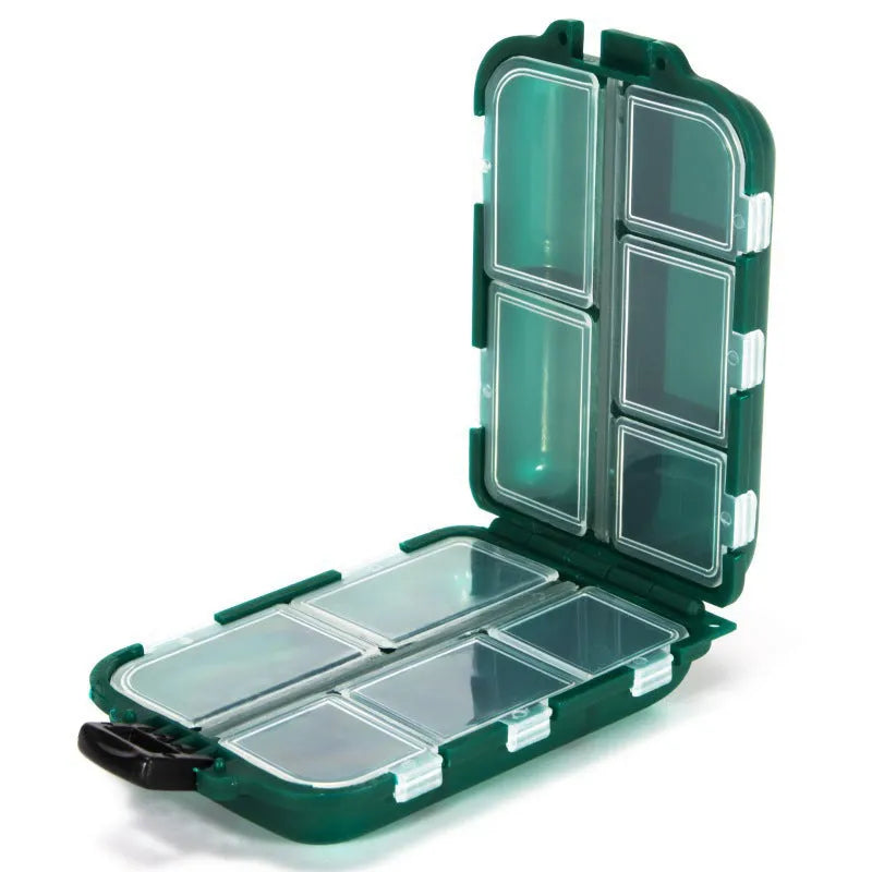 Plastic fishing gear storage box with 10 compartments measuring 9.5 × 6.5 × 3 cm