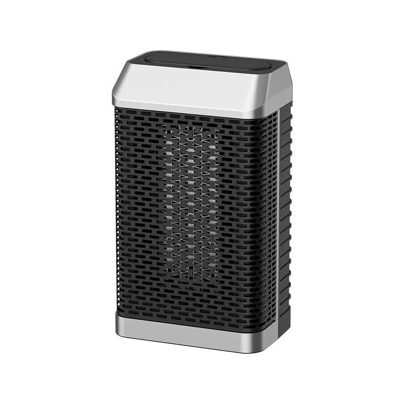 Black desktop smart heater with remote control showing dimensions 14.5x10x26cm