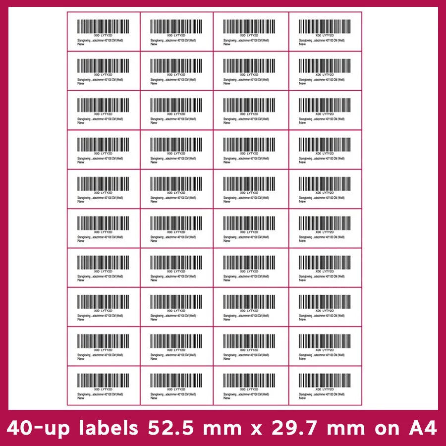 Pack of A4 FBA label paper sheets showing various pre-printed grid formats for barcodes.