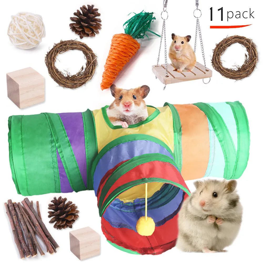 Assorted wooden chew toys for small pets including balls and mats on a natural background