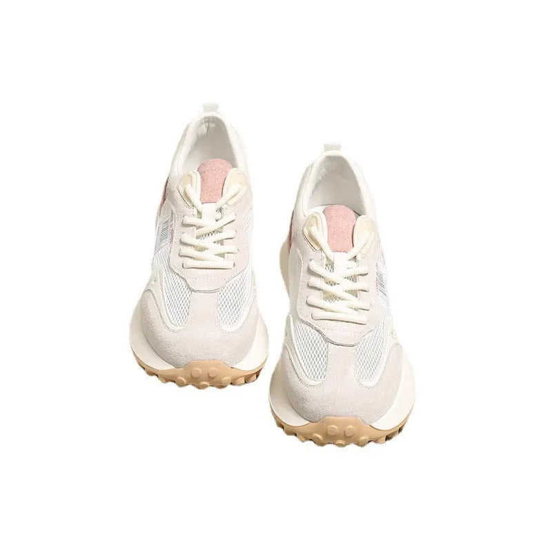 Women's grey and pink retro sneakers with mesh lining and rubber sole in low-top design