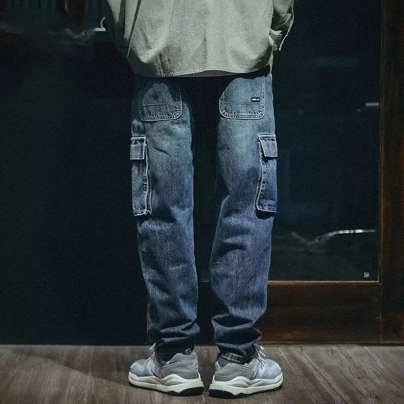 Men's blue loose straight leg retro stretch jeans with zip fly on mannequin