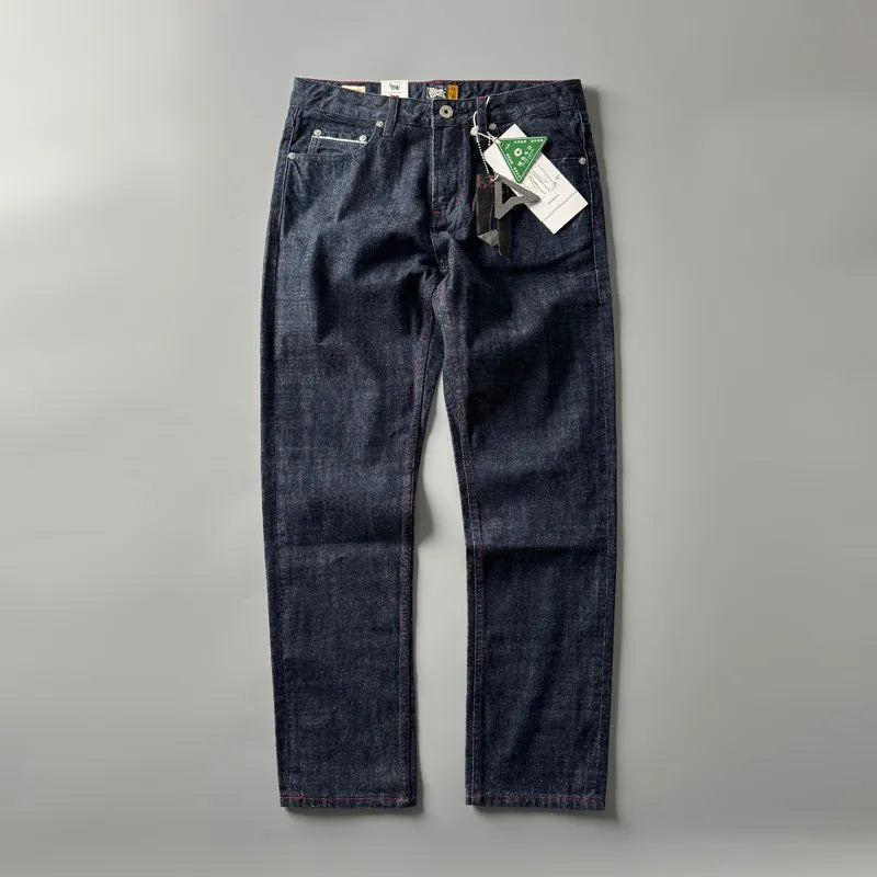 Men's primary colour straight leg jeans with vintage American retro styling and mid waist design