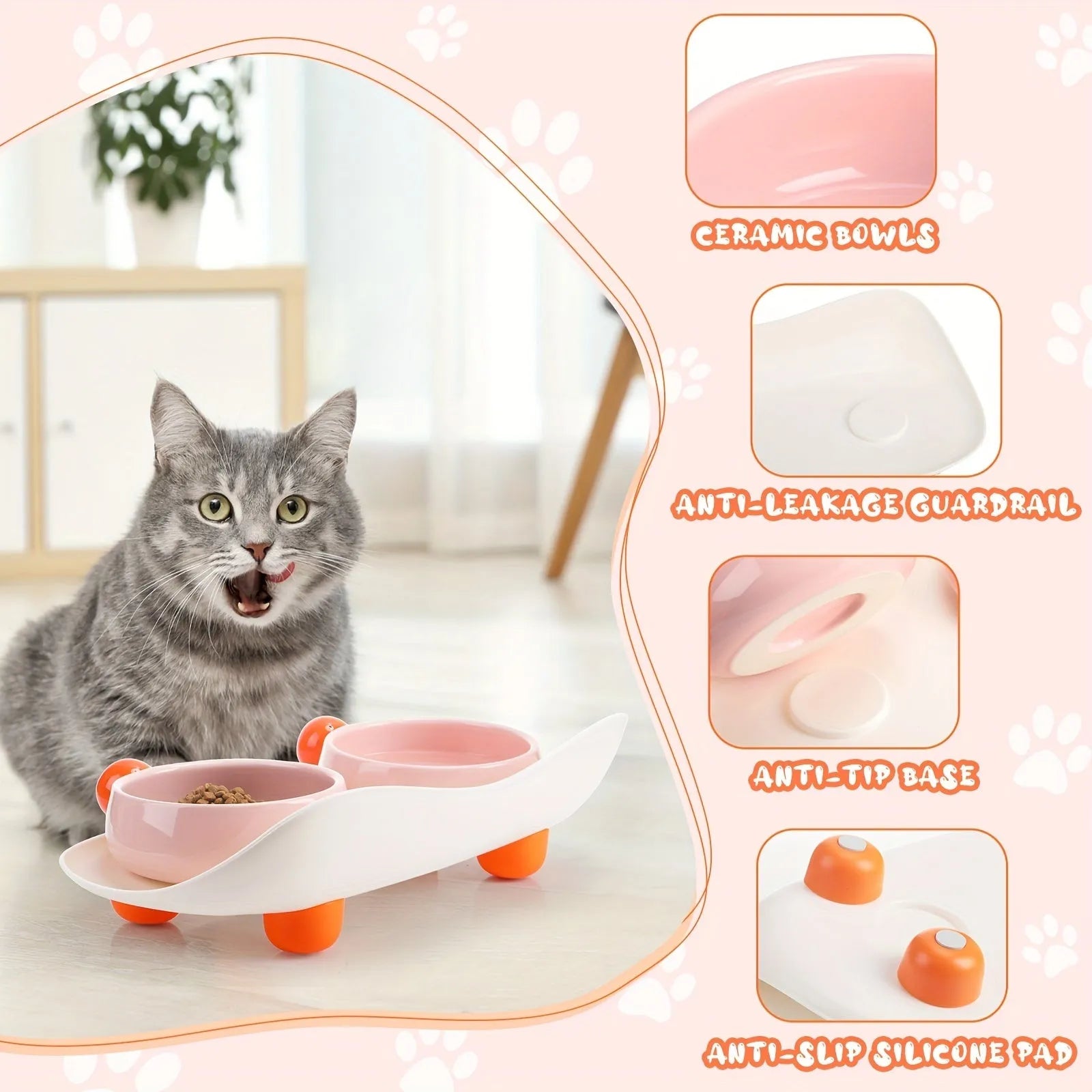 Pink double elevated ceramic pet bowl with non-slip base for cats and small dogs