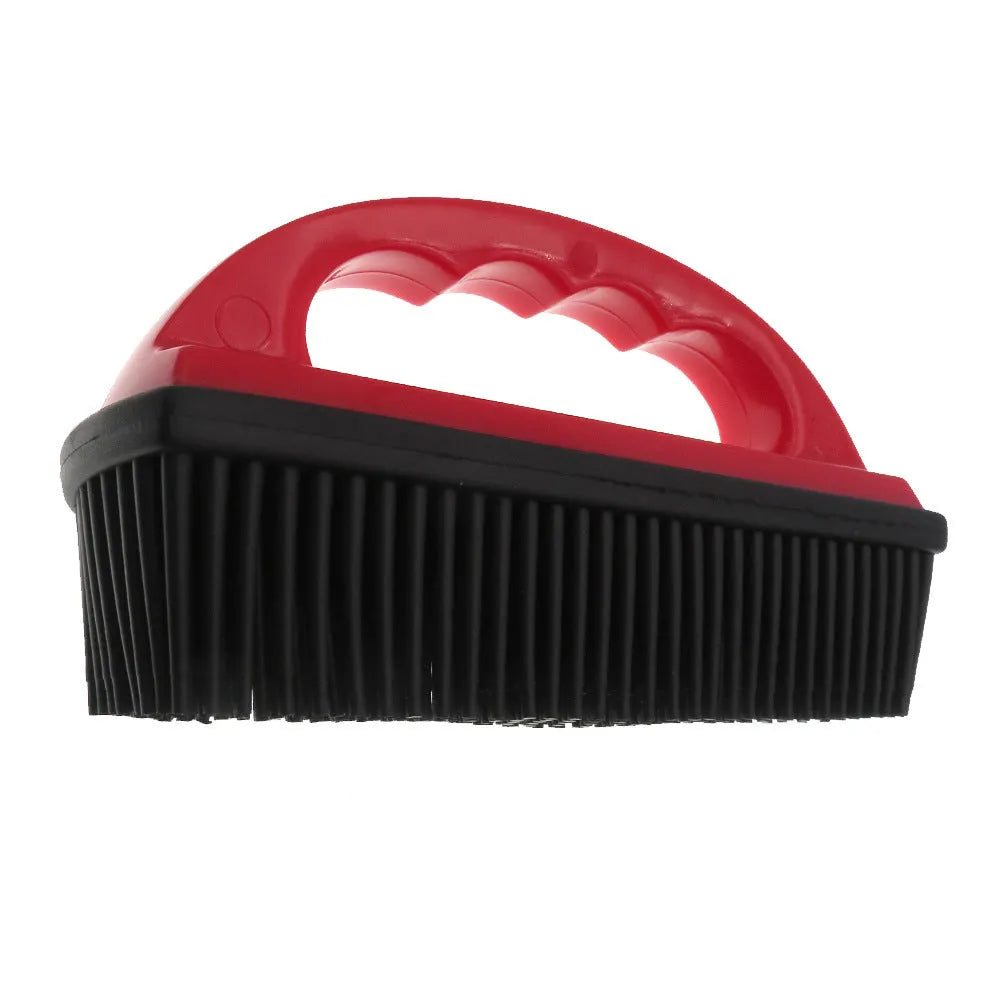 Red pet grooming brush with hair removal and massage functions for bath time and carpet cleaning