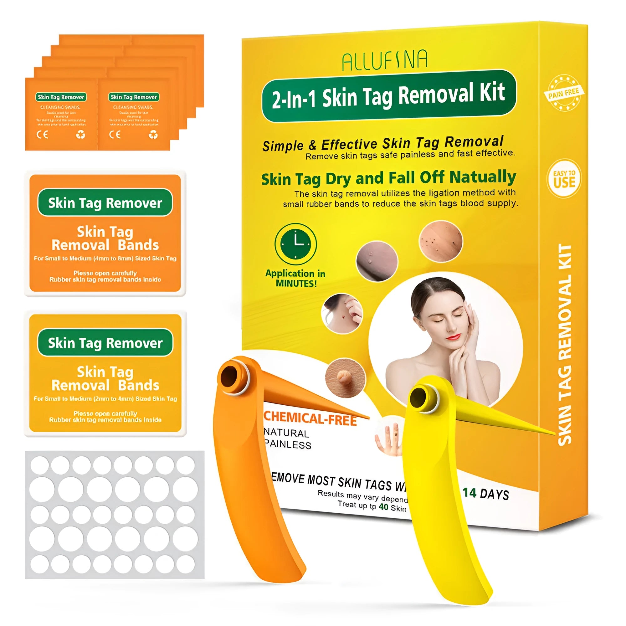 Orange yellow wart removal tool kit with devices, rubber rings, alcohol swabs, and stickers