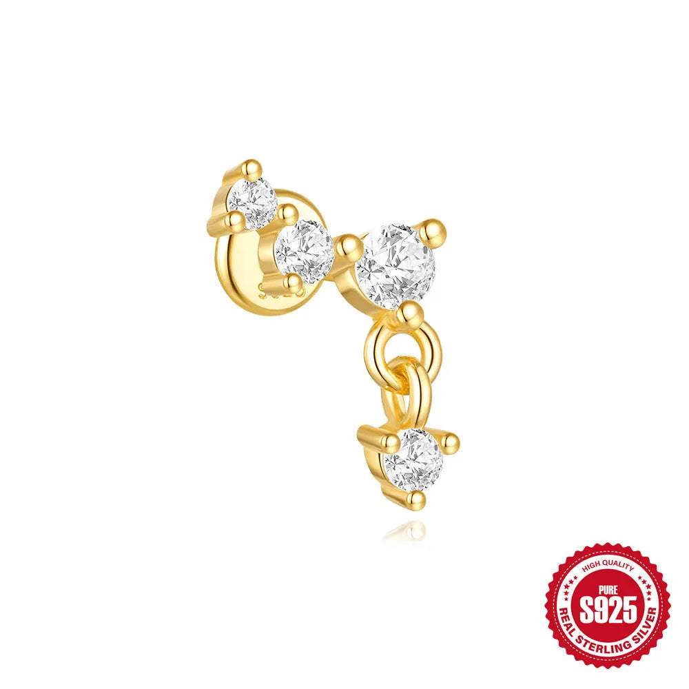 S925 sterling silver geometric moon and star earrings with cubic zirconia stones in a gold tone finish.
