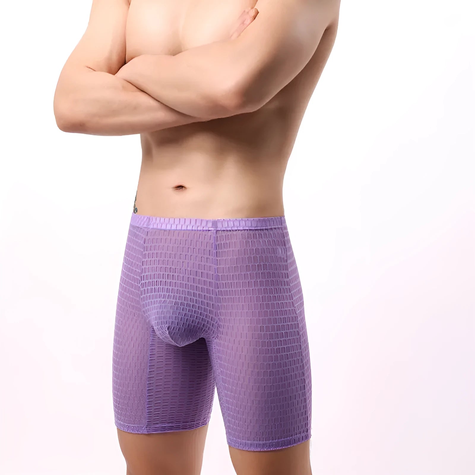 Men's transparent lace boxer shorts in white colour showing mid-waist and lengthened design