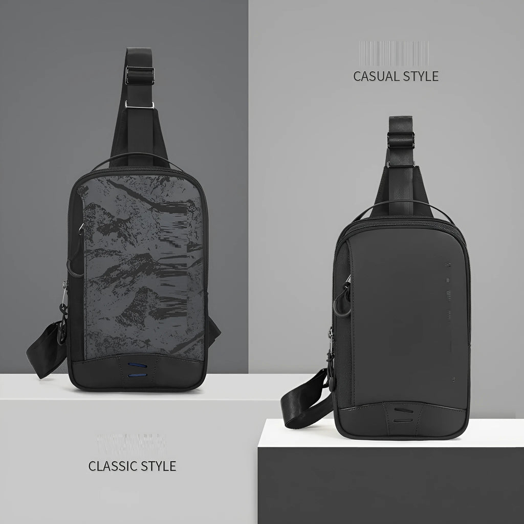 Casual black waterproof TPU chest pack with shoulder strap and soft handle in a street style.