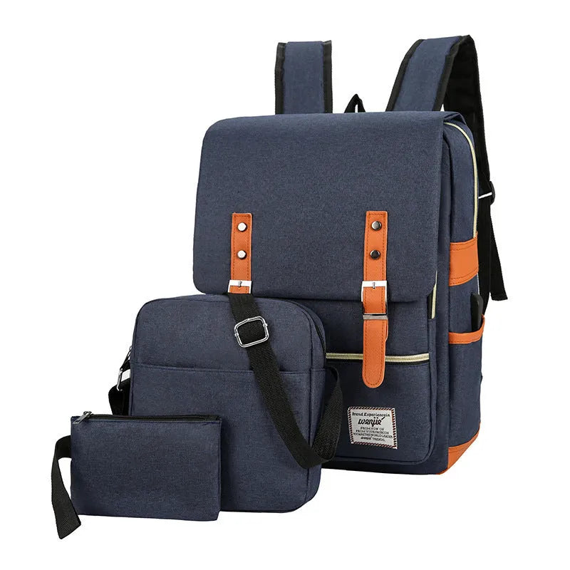 Three-piece Oxford cloth business backpack set with curved shoulder straps in wine red colour